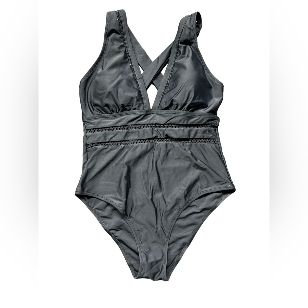 TEMPT ME black V front cross back one piece swimsuit size large NWT